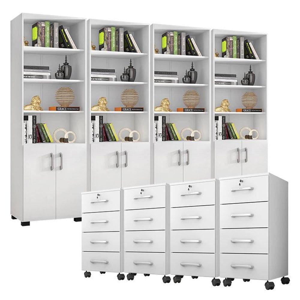 Kit 4 Gaveteiros para Escritório Gávea com Chave e 4 Livreiros Office Portas Pequenas Branco Fosco - Móveis Leão