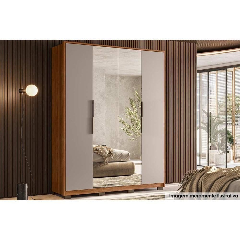 Guarda Roupa Solteiro 4 Portas (2 C- Espelhos) E 3 Gavetas Attore Nogueira-nude