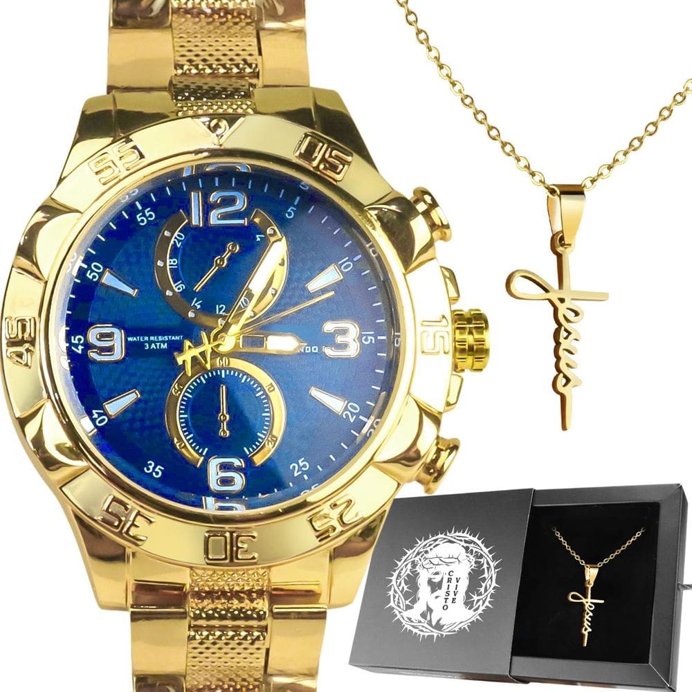 Relógio Prova D`Água Aço Masculino + Cordão Crucifixo + Caixa Robusto Dourado Pesado Banhado Ouro