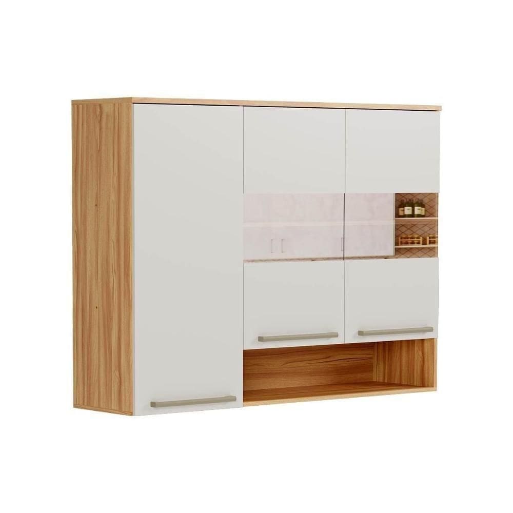 Armário Aéreo Cozinha Modulado Nápoli Com 3 Portas ( 2 Com Vidro Reflecta) 120cm Amendoa-off White - Ronipa