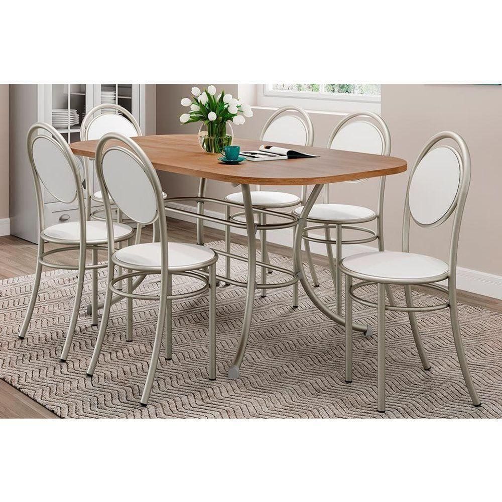 Sala De Jantar Completa 1547 Aço C- Tampo Madeirado 160x90cm E 6 Cadeiras 190 Prata-freijó -prata-branco - Carraro