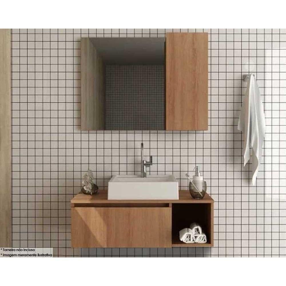 Armário c/ Balcão Banheiro Suspenso BN3601 Cuba BN3600 80cm e Espelho BN3602 Amêndoa - Tecno Mobili