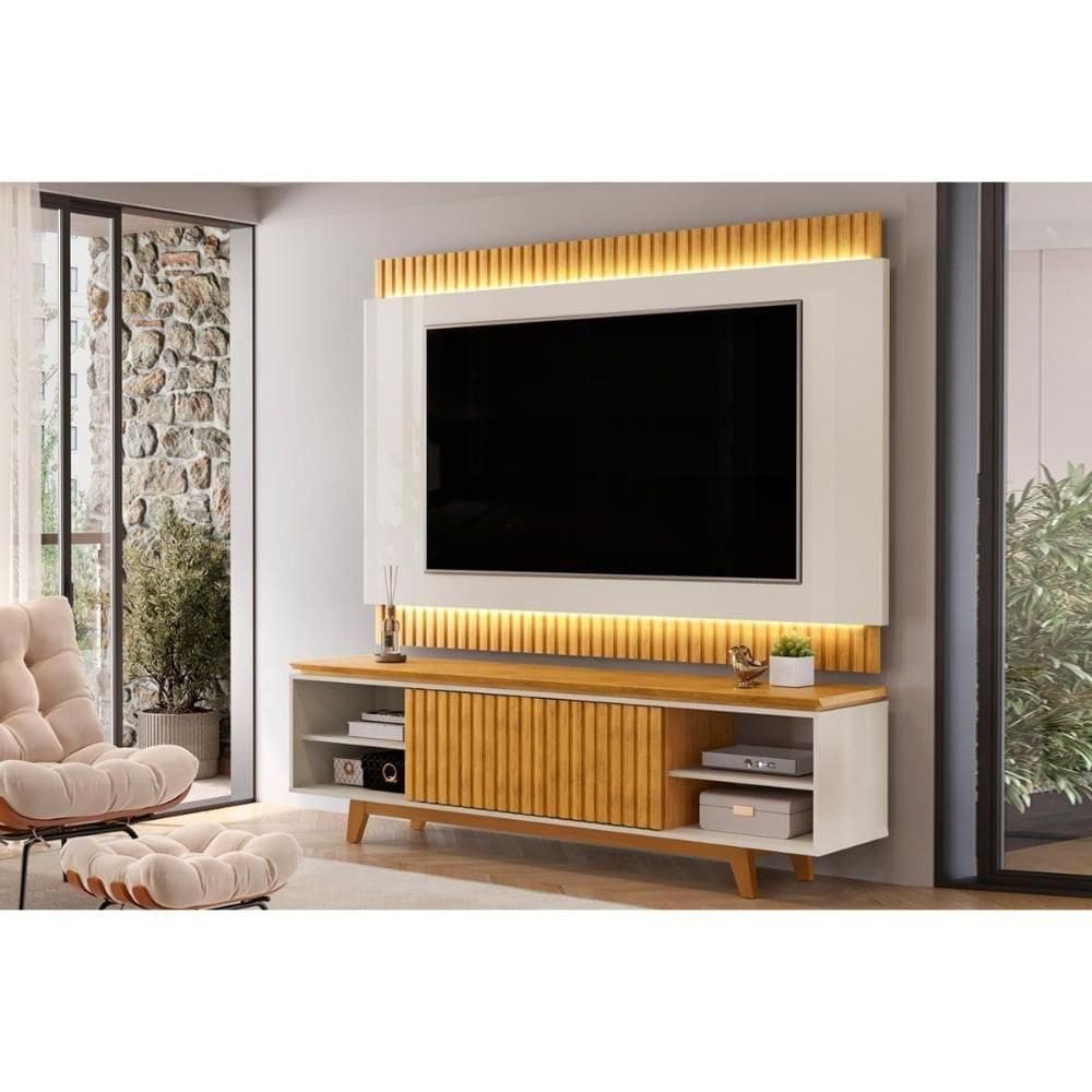 Rack Bancada Com Painel Para Tv Até 75 Polegadas Loren Ripada Nichos 200x194cm Cedro-bali - Dj Móveis