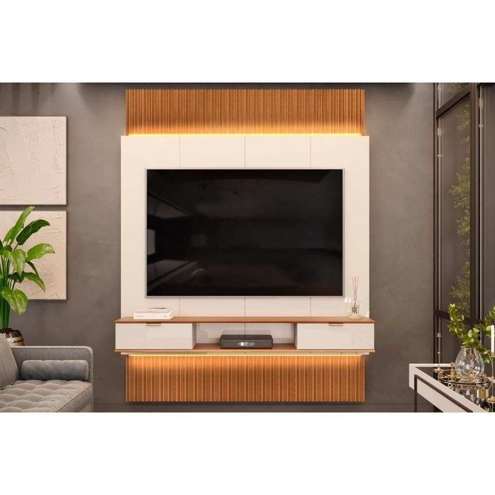 Painel Home Para Tv Até 75 Polegadas Hit 1900 Extensível 100% Mdf Com Led De 240 A 290cm Freijó-off White - Dj Móveis