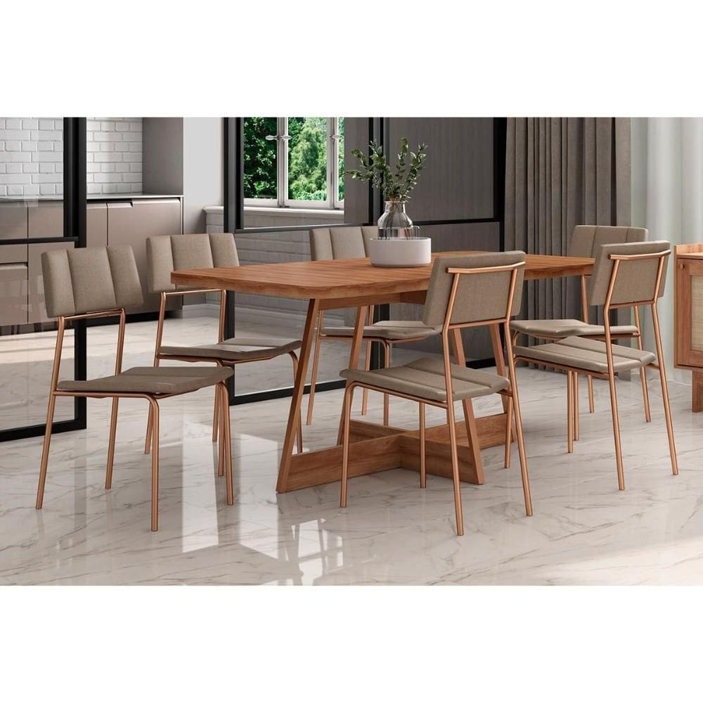 Conjunto: Mesa de Cozinha Átria 1592 Aço c/ Tampo Madeirado 160x90cm e 6 Cadeiras Lou Rose/Freijo/Nogal - Rose/Areia - Carraro