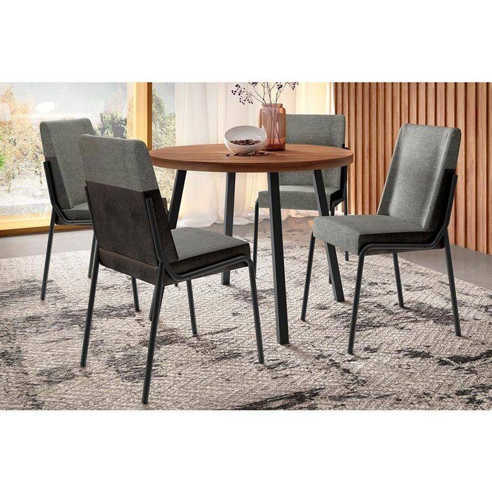 Conjunto: Mesa de Cozinha Stellar 1599 Aço c/ Tampo Madeirado 100cm e 4 Cadeiras Hug Preto/Nogal - Preto/Grafite - Preto - Carraro