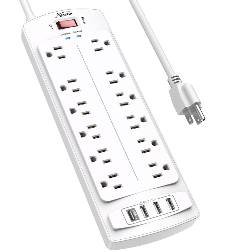 Power Strip Alestor Surge Protector, 12 tomadas, 4 cabos USB de 6 pés
