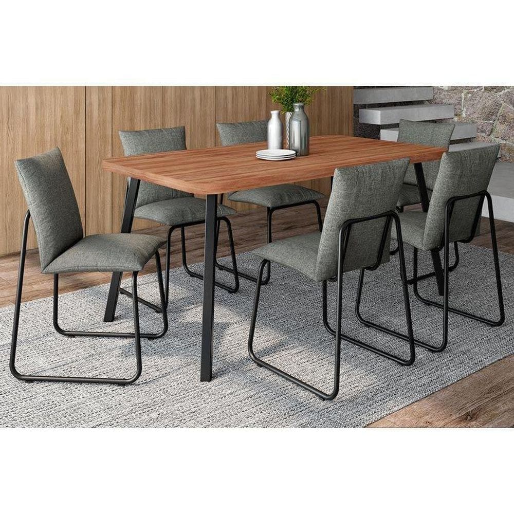 Conjunto: Mesa de Cozinha Stellar 1597 Aço c/ Tampo Madeirado 160x90cm e 6 Cadeiras Soft Preto/Nogal - Preto/Grafite - Carraro