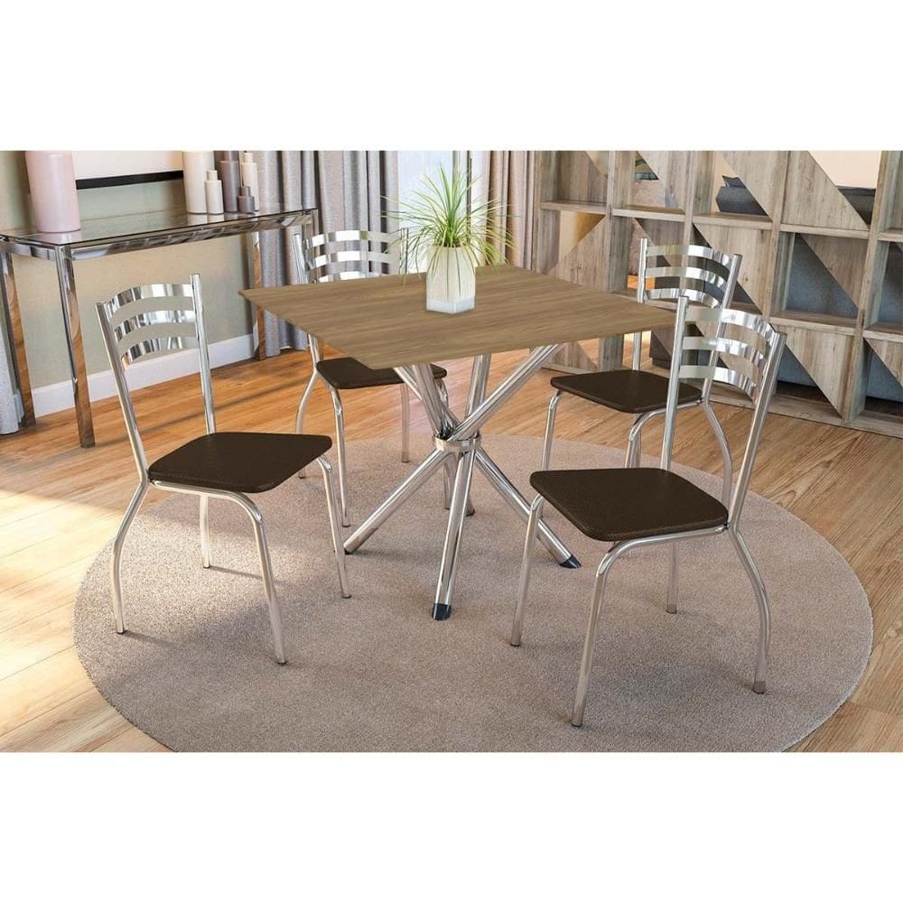 Conjunto: Mesa de Cozinha Volga c/ Tampo de Madeira 90cm e 4 Cadeiras Portugal Cromado/Nogueira - Marrom - Kappesberg