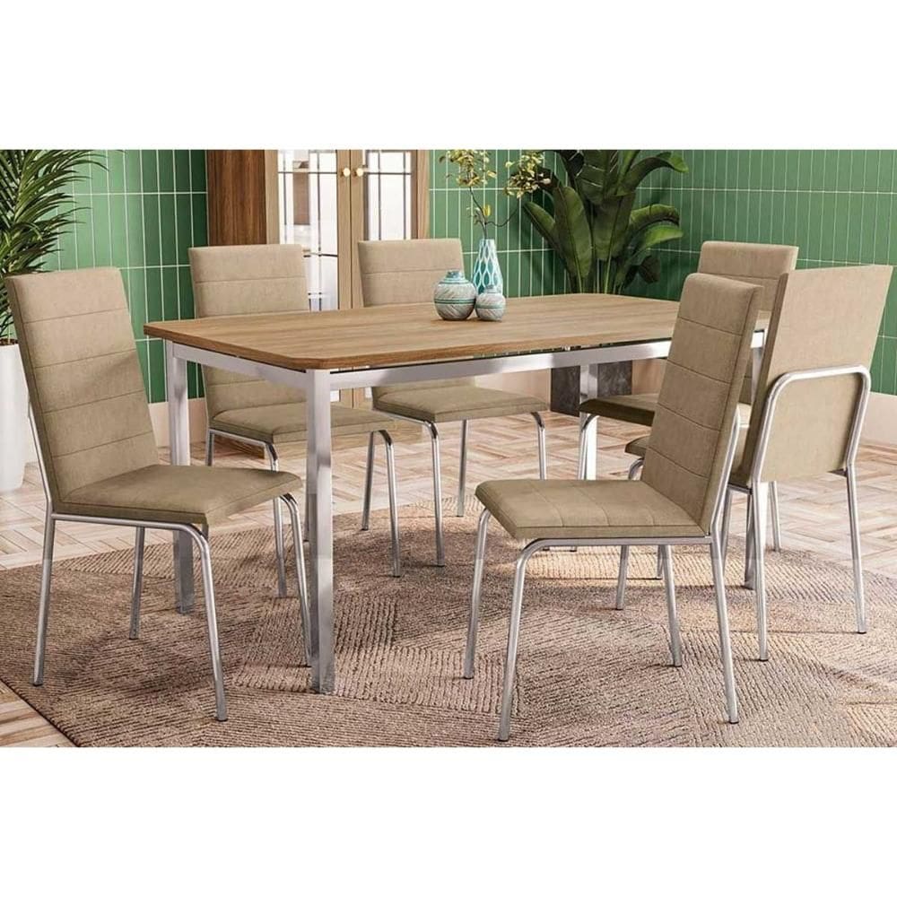 Conjunto: Mesa de Cozinha Reno c/ Tampo de Madeira 160cm e 6 Cadeiras Amsterdã Cromada/Capuccino - Kappesberg