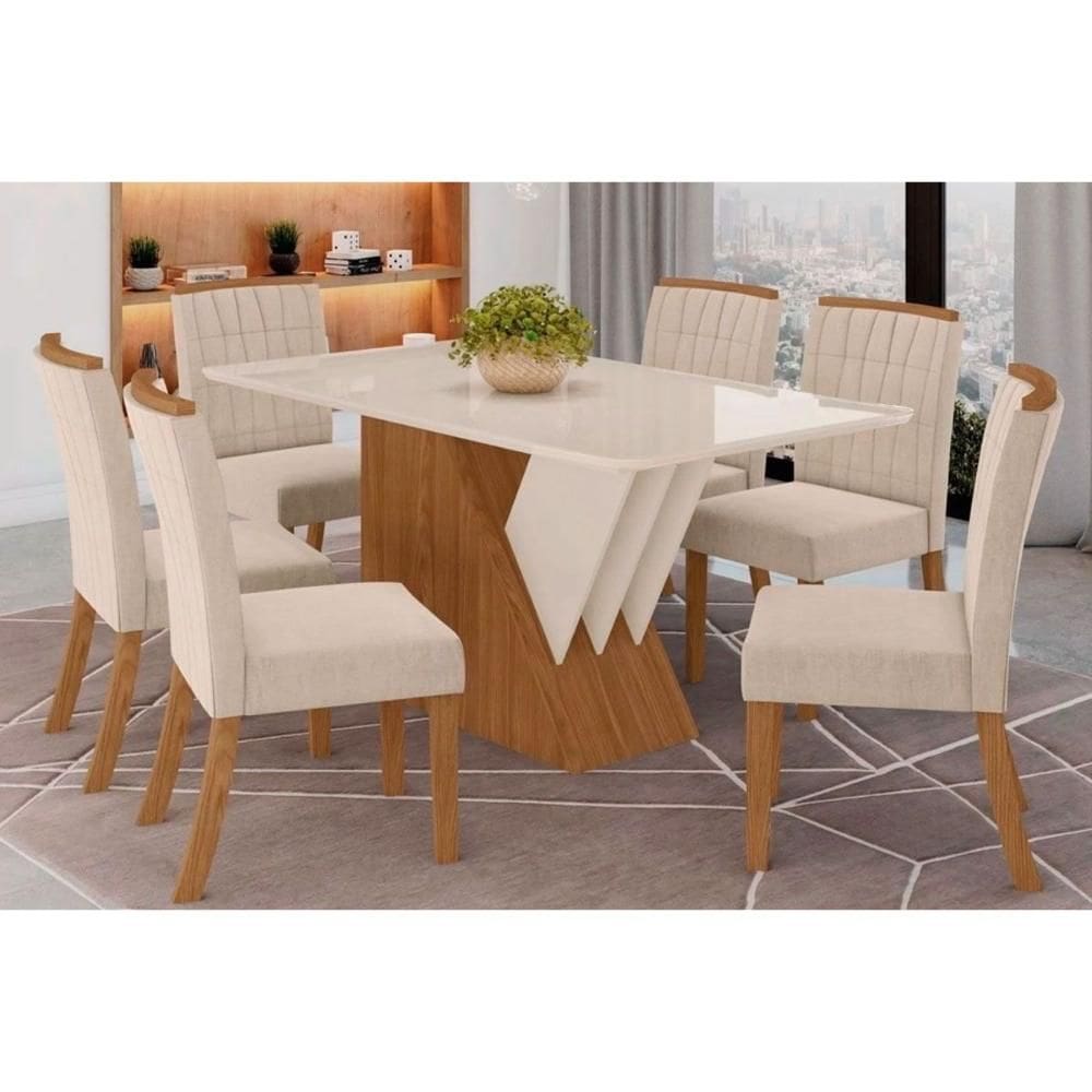 Conjunto: Mesa de Cozinha Épic SC24 Tampo Madeirado c/ Vidro Canto Curvo 160x90cm e 6 Cadeiras Tauá Nature/Linho - Henn