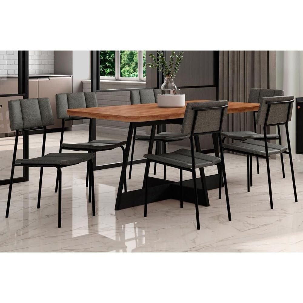 Conjunto: Mesa de Cozinha Átria 1592 Aço c/ Tampo Madeirado 160x90cm e 6 Cadeiras Lou Preto/Nogal - Preto/Grafite - Carraro
