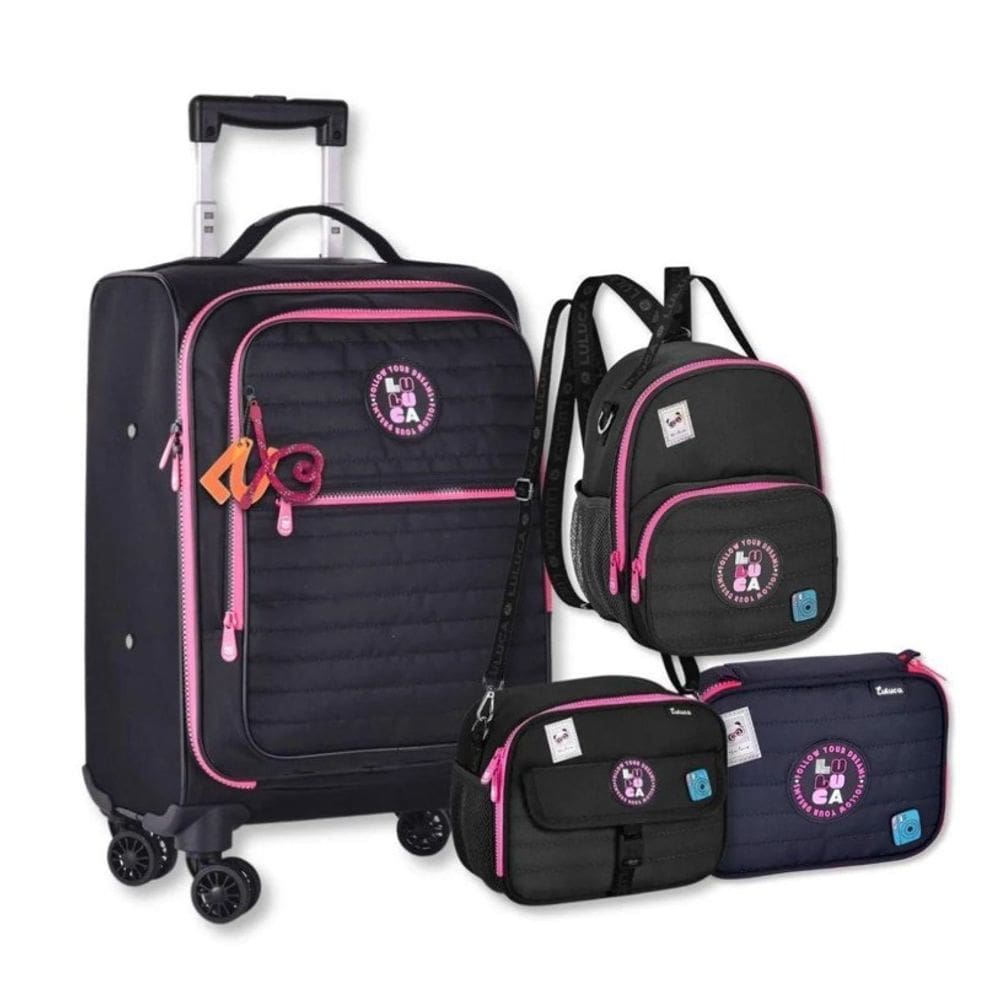 Kit Mala Escolar Luluca Rodinhas 360 Lancheira e Estojo Preto