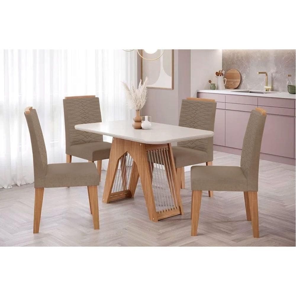 Conjunto: Mesa de Cozinha Carol Tampo Madeirado c/ Vidro 130x80cm e 4 Cadeiras Clarice Nature/Suede Joli Chocolate - Cimol