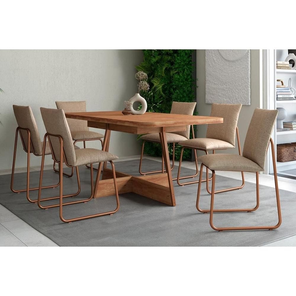 Conjunto: Mesa de Cozinha Átria 1592 Aço c/ Tampo Madeirado 160x90cm e 6 Cadeiras 1750 Rose/Freijo/Nogal - Rose/Areia - Carraro