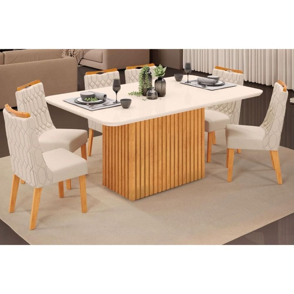 Conjunto: Mesa de Cozinha Canes Tampo Madeirado c/ Vidro Curvo 170x90cm e 6 Cadeiras Bia Cedro/Off White - Linho Neve - DJ Móveis