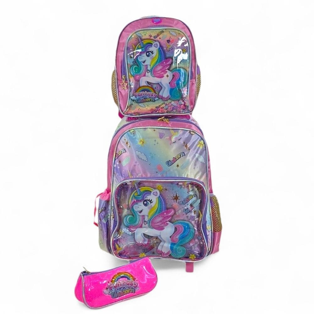 Kit mochila rodinha lancheira bolsinha fuseco unicornio