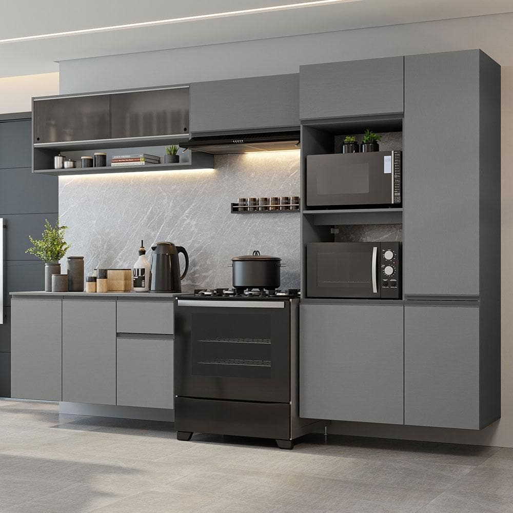 Armário de Cozinha Completa Suspenso 300cm Cinza Nice Madesa 06 XV