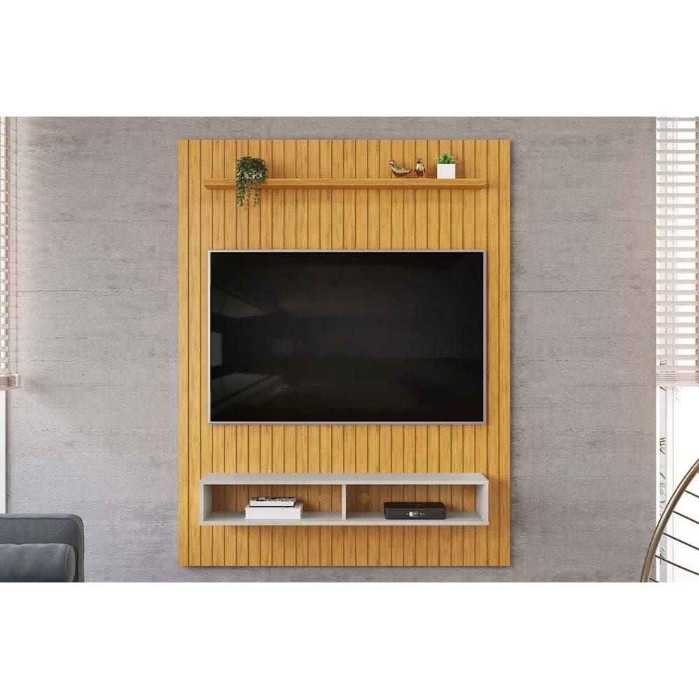 Painel Quarto p/ TV até 55 Pol Aston Ripado c/ 1 Prateleira e 2 Nichos 134x168cm Cedro/Bali - DJ Móveis