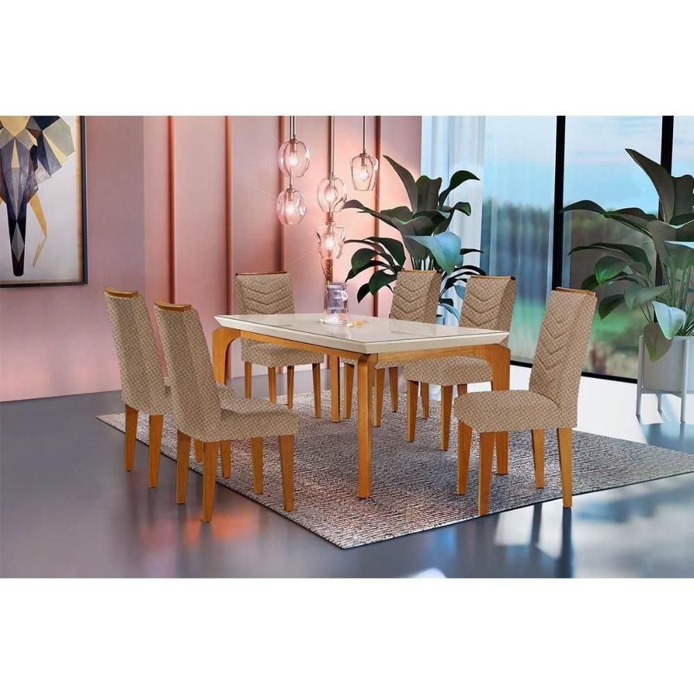Conjunto: Mesa de Cozinha Londrina Tampo Madeirado c/ Vidro Curvo 180x90cm e 6 Cadeiras Londrina Capuccino/Linho Bege Turim - Rufato