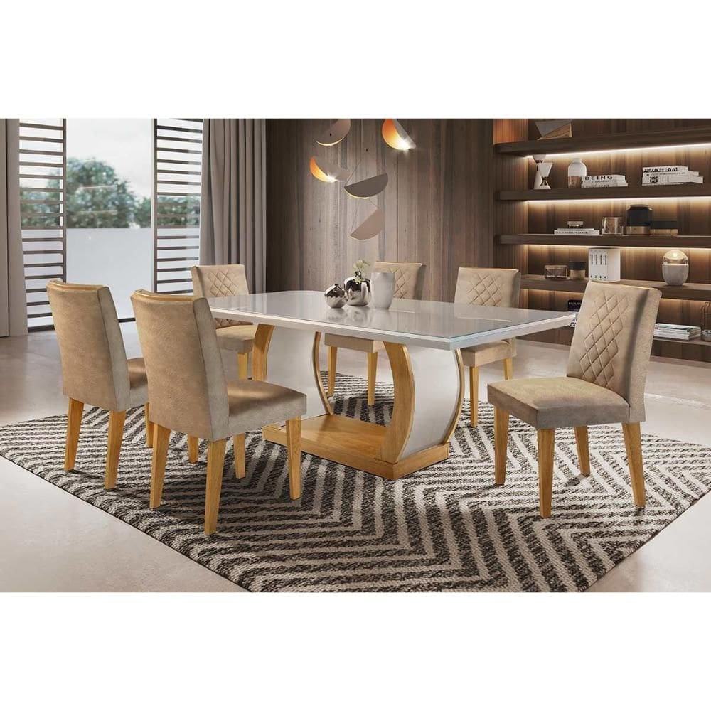 Conjunto: Mesa de Cozinha Jade Tampo Madeirado c/ Vidro Canto Curvo 180x90cm e 6 Cadeiras Jade Capuccino/Linho Bege Turim - Rufato