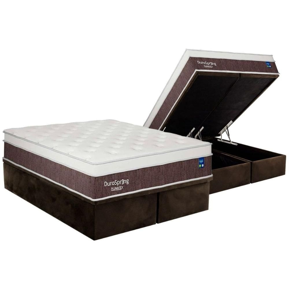 Cama Box Baú Queen: Colchão Molas Bonnel Plumatex Superlastic DuroSpring + Base CRC Suede Brown (158x198)