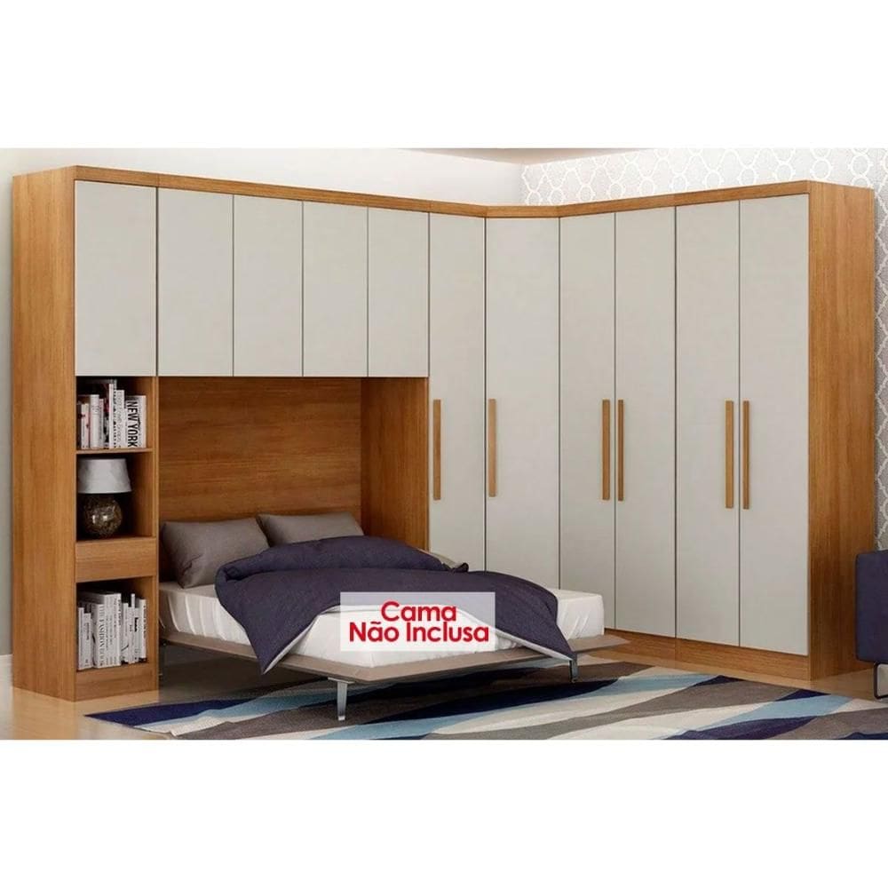 Quarto Modulado Bari Rizon/Linea 6 Peças (1 Aéreo + 3 Guarda Roupas + 1 Closet Canto Obliquo + 1 Complemento) QCM109 Cumaru/Fendi - Novo Horizonte