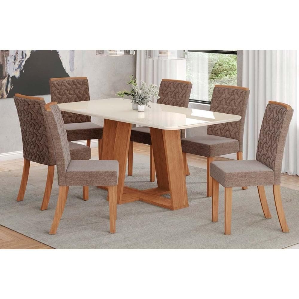 Conjunto: Mesa de Cozinha Lins c/ Tampo Madeirado c/ Vidro Curvo 180x90cm e 6 Cadeiras Esther Nature/Linho Cacao - Henn