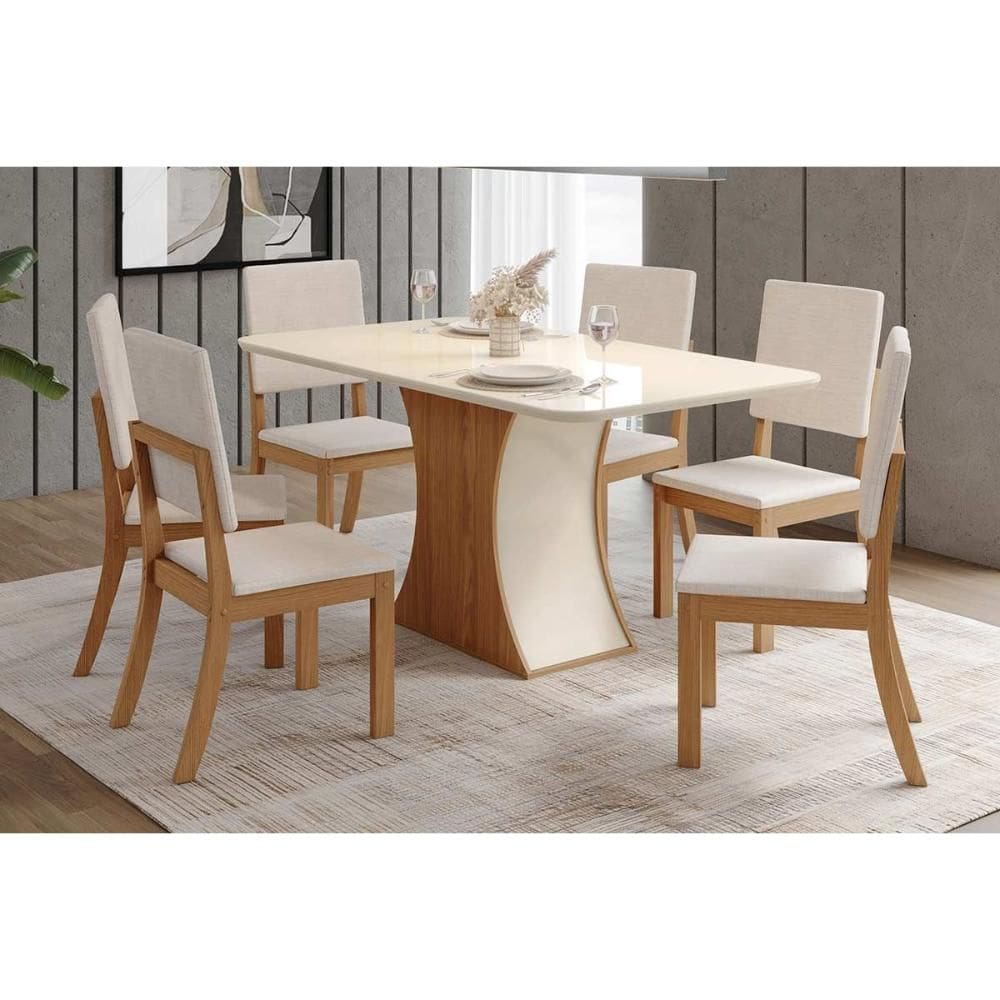 Conjunto: Mesa de Cozinha Luiza c/ Tampo Curvo Madeirado c/ Vidro 160x80cm e 6 Cadeiras Milla Nature/Linho - Henn