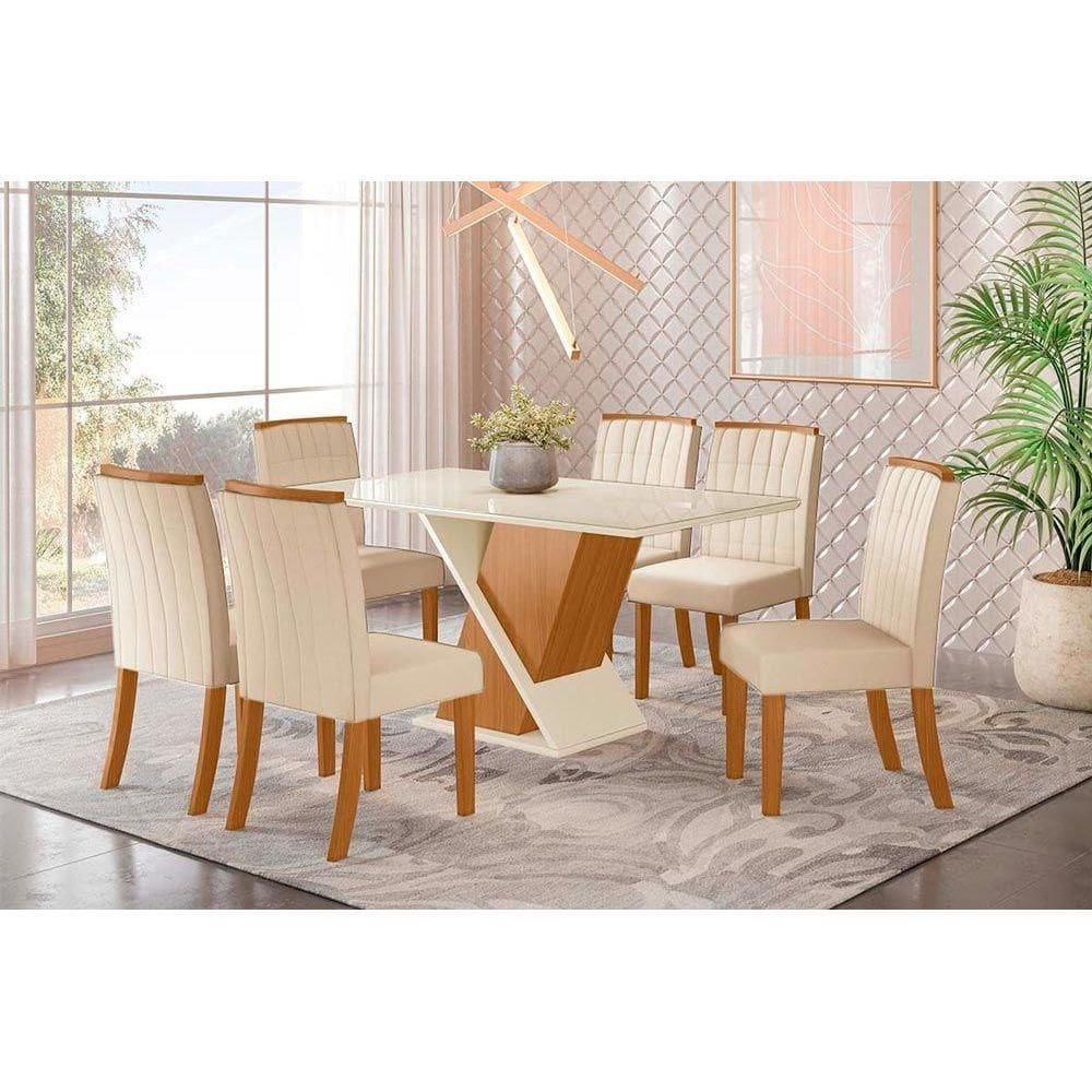 Conjunto: Mesa de Cozinha Solus Tampo Madeirado c/ Vidro 160x90cm e 6 Cadeiras Tauá Nature/Linho - Henn