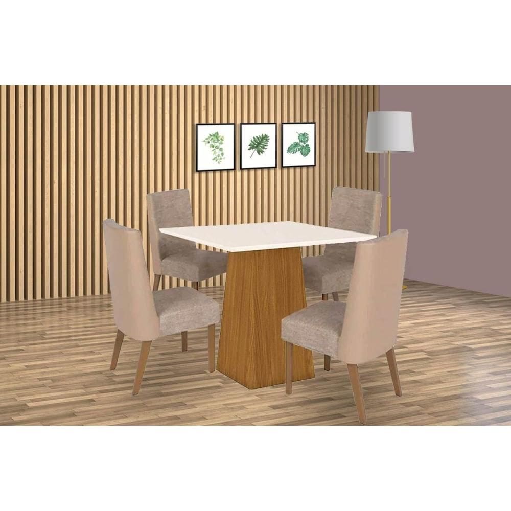 Conjunto: Mesa de Cozinha Dora Tampo Madeirado 90x90cm e 4 Cadeiras Anne Nature/Courano/Creme - Henn