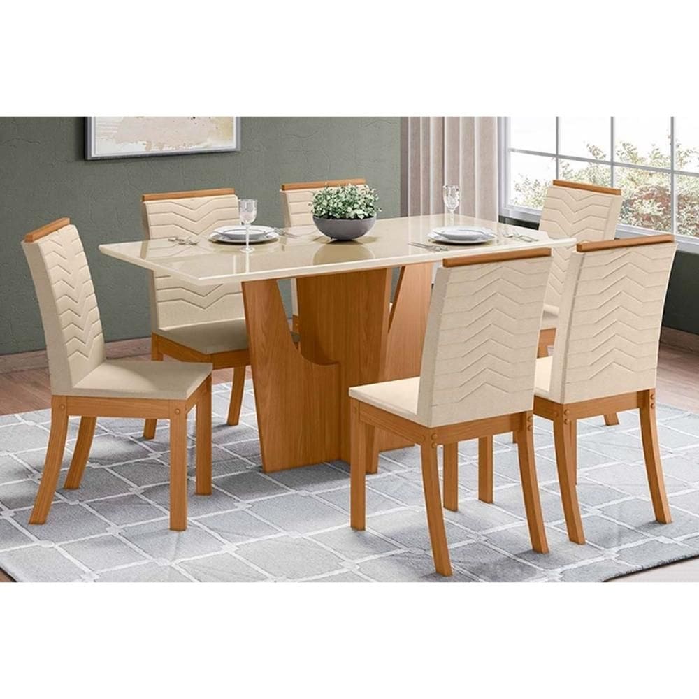 Conjunto: Mesa de Cozinha Vértice c/ Tampo Reto Madeirado c/ Vidro 160x80cm e 6 Cadeiras Isa Nature/Linho - Henn