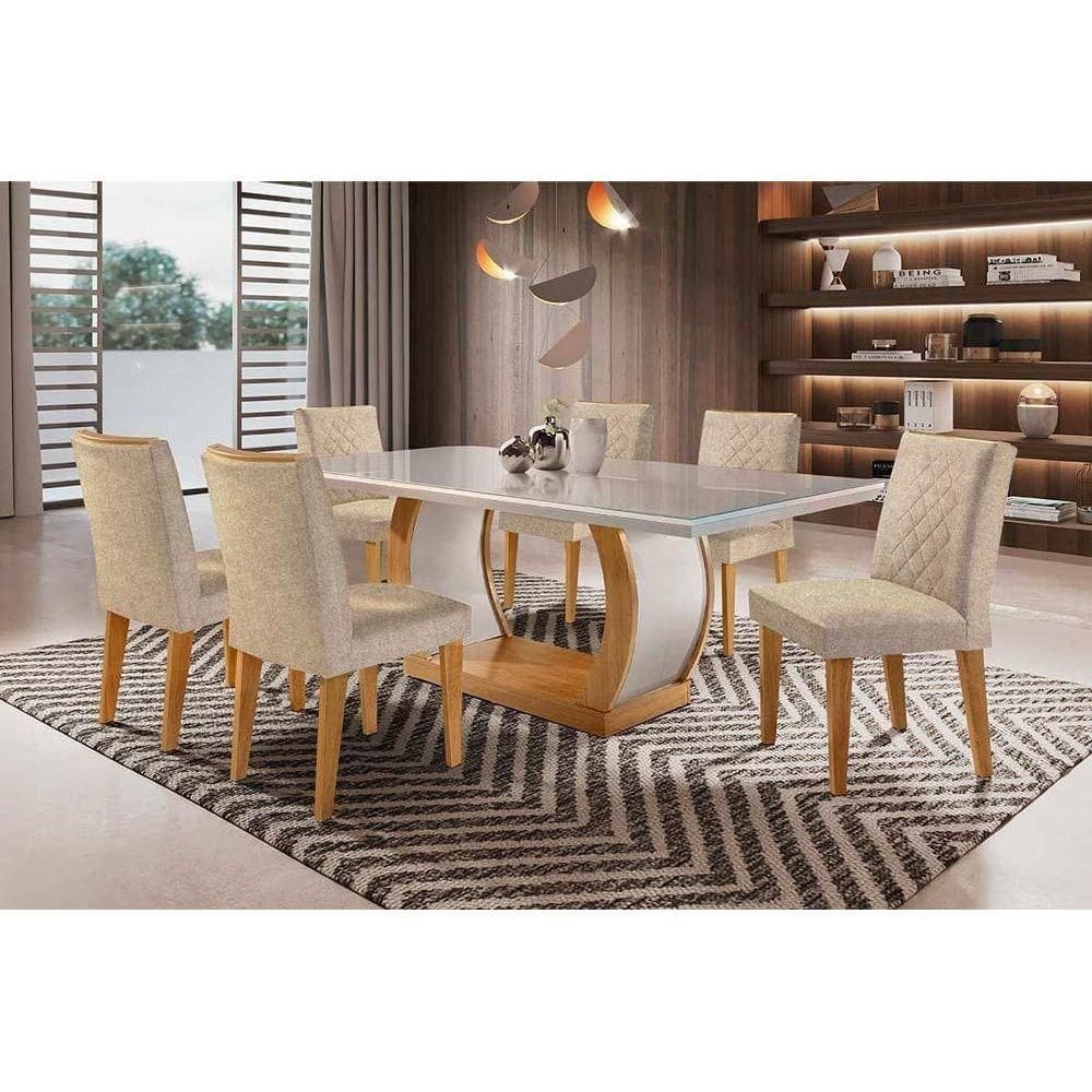 Conjunto: Mesa de Cozinha Jade Tampo Madeirado c/ Vidro Canto Curvo 180x90cm e 6 Cadeiras Jade Capuccino/Linho Bege Turim - Rufato