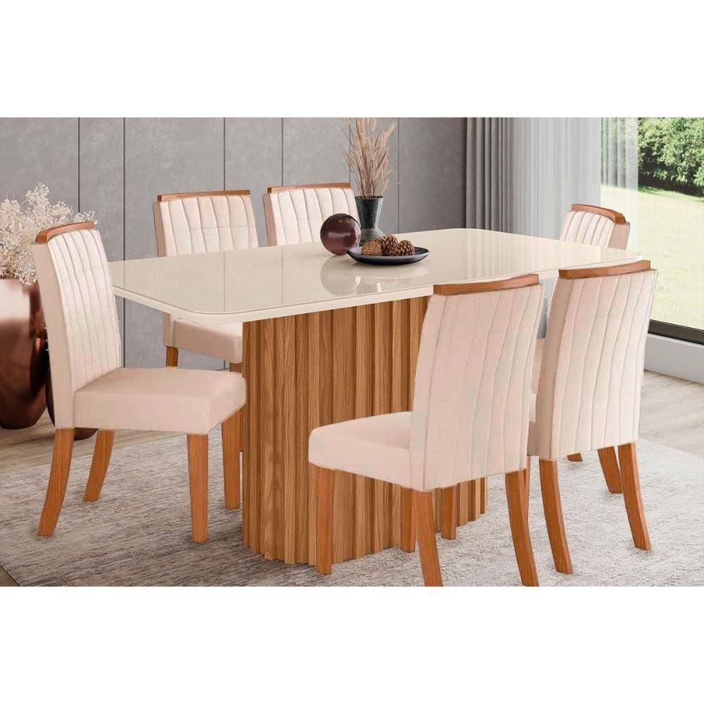 Conjunto: Mesa de Cozinha Solana SC68 Tampo Madeirado c/ Vidro Canto Curvo 160x90cm e 6 Cadeiras Tauá Nature/Linho - Henn