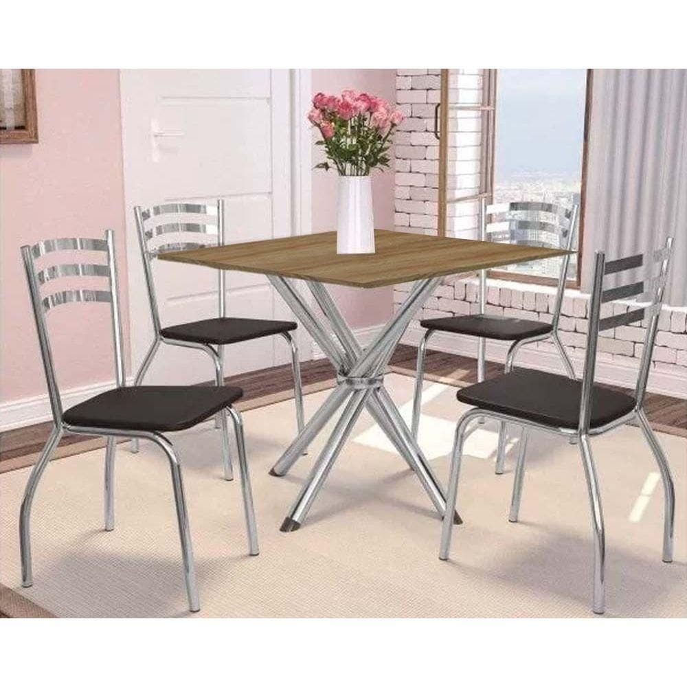Conjunto: Mesa de Cozinha Volga c/ Tampo de Madeira 90cm e 4 Cadeiras Portugal Cromado/Nogueira - Preto - Kappesberg