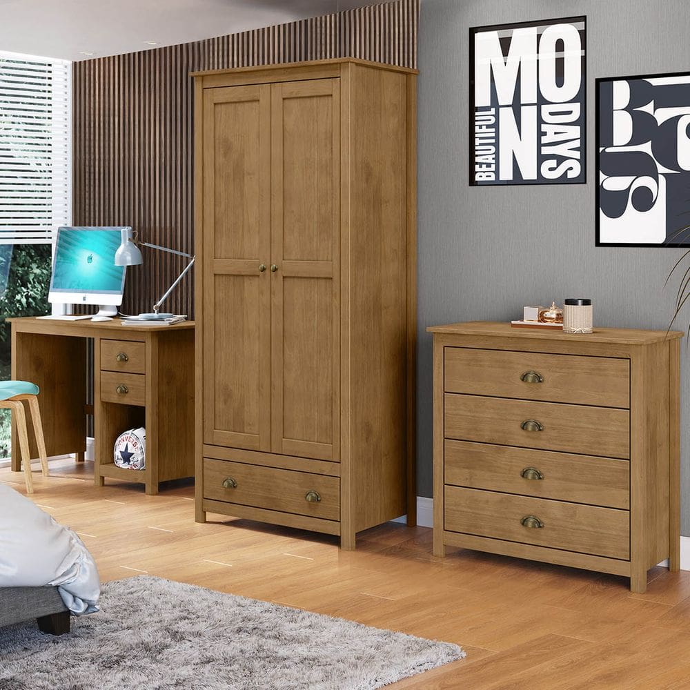 Conjunto Quarto: Guarda-Roupa 2 Portas, Escrivaninha, Cômoda 4 Gavetas Topázio Freijó Madeira Pinus - Finestra