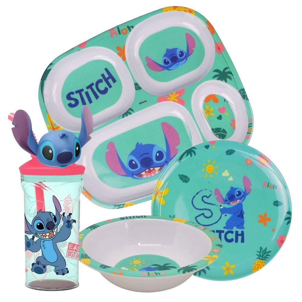 Jogo Refeição Infantil Melamina Stitch Disney 4 Peças Incluso Copo 3D - Tuut