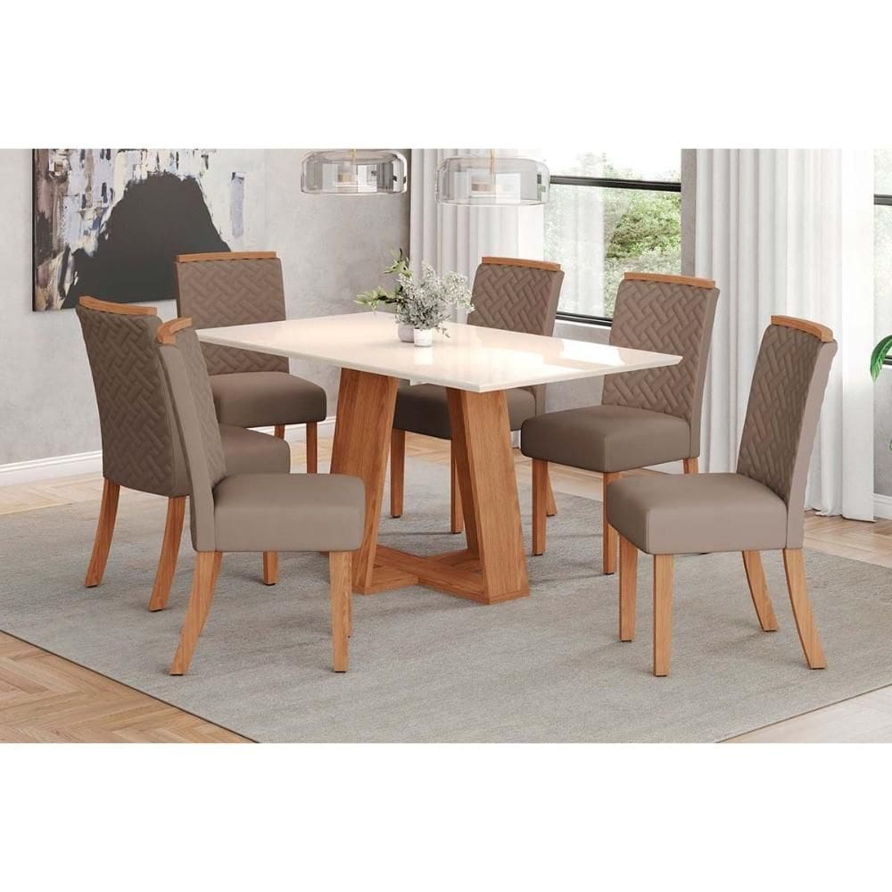 Conjunto: Mesa de Cozinha Lins c/ Tampo Madeirado Reto 160x90cm e 6 Cadeiras Malu Nature/Suede Light Marrom Amendoa - Henn