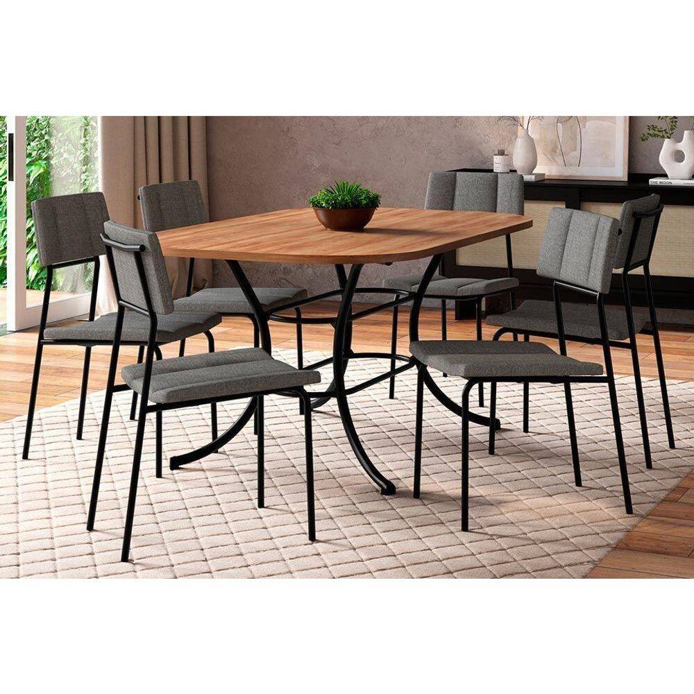 Conjunto: Mesa de Cozinha 1547 Aço c/ Tampo Madeirado 160x90cm e 6 Cadeiras Lou Preto/Freijó - Preto/Grafite - Carraro