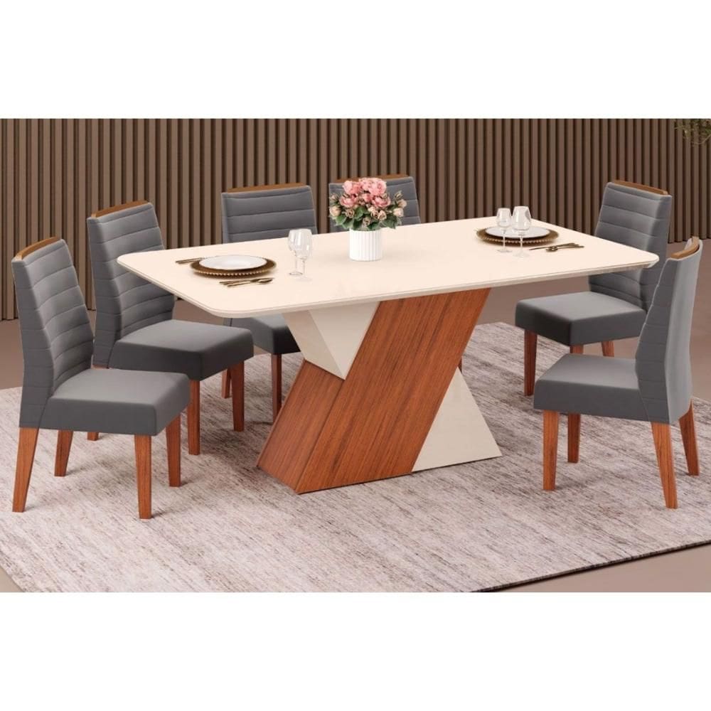 Conjunto: Mesa de Cozinha Rubi Tampo Madeirado c/ Vidro Canto Reto 170x90cm e 6 Cadeiras Ondina Freijo/Off White/Off White - Suede Lunar - DJ Móveis