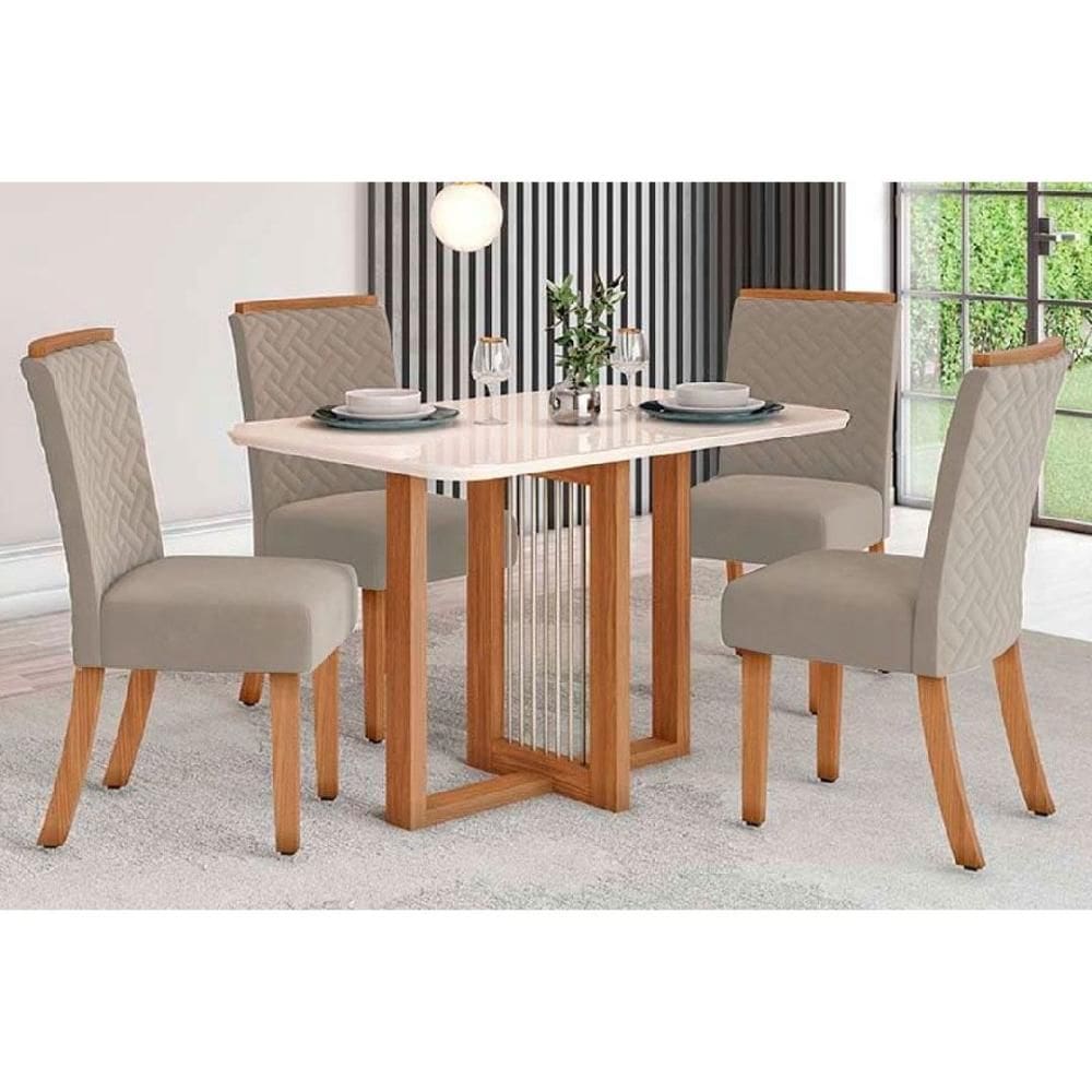 Conjunto: Mesa de Cozinha Natalí c/ Tampo Madeirado c/ Vidro Curvo 120x80cm e 4 Cadeiras Malu Nature/Linho - Henn