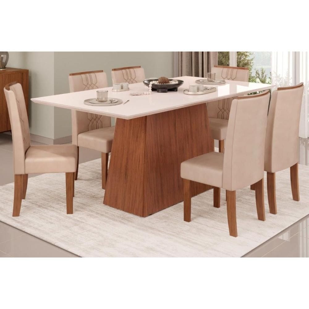 Conjunto: Mesa Sala Jantar Dulce Tampo Madeirado c/ Vidro Reto 180x90cm e 6 Cadeiras Zoe Freijo/Off White - Suede Creme - DJ Móveis