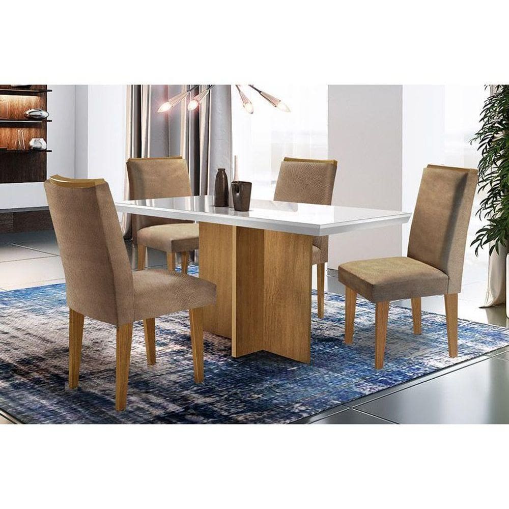 Conjunto: Mesa de Cozinha Berlim Tampo Madeirado c/ Vidro Canto Reto 120x80cm Canto Reto e 4 Cadeiras Lunara Imbuia/Suede Capuccino - Rufato