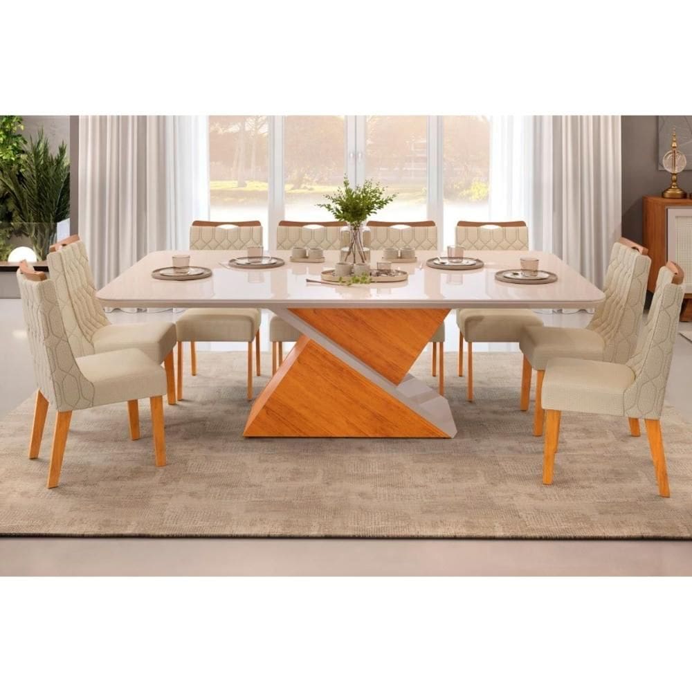 Conjunto: Mesa Sala Jantar Zafira Tampo Madeirado c/ Vidro Curvo 200x100cm e 8 Cadeiras Bia Cedro/Off White - Freijo/Linho Neve - DJ Móveis