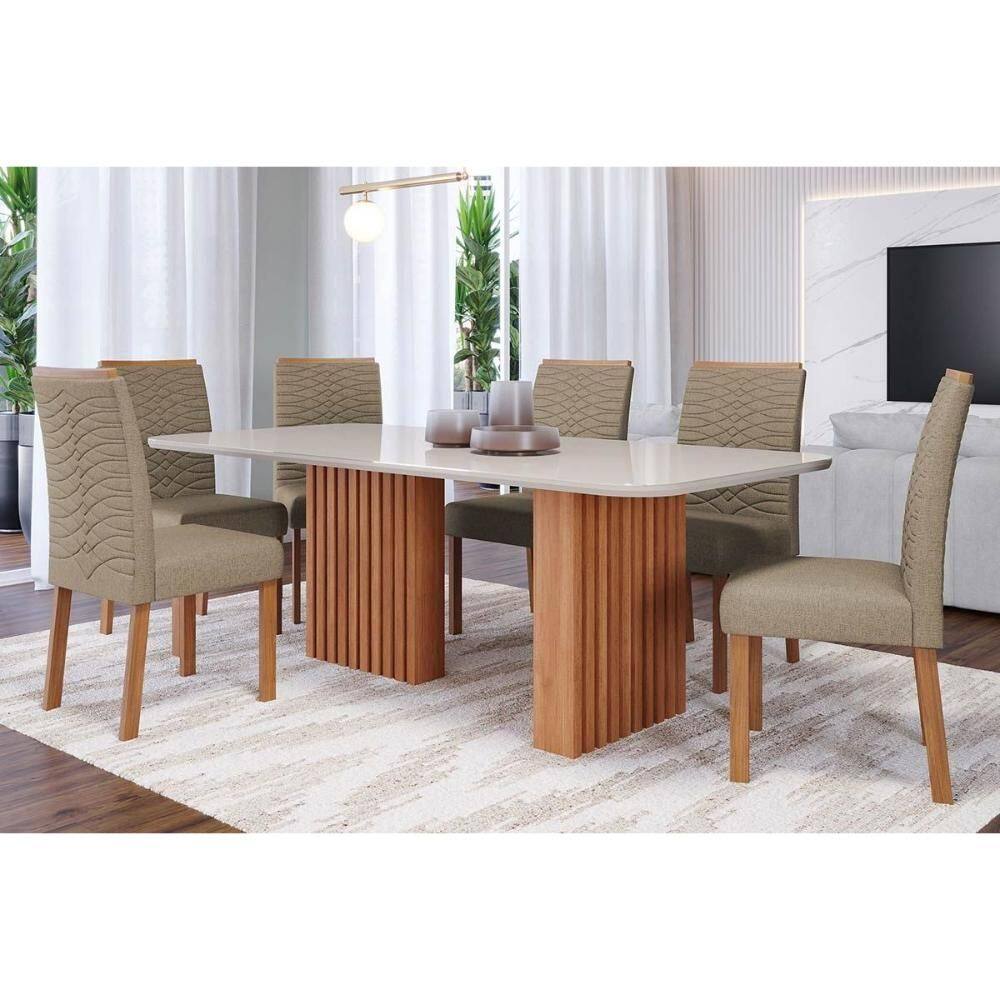 Conjunto: Mesa de Cozinha Ester c/ Tampo Madeirado c/ Vidro 180x90cm e 6 Cadeiras Clarice Nature/Suede Joli Chocolate - Cimol