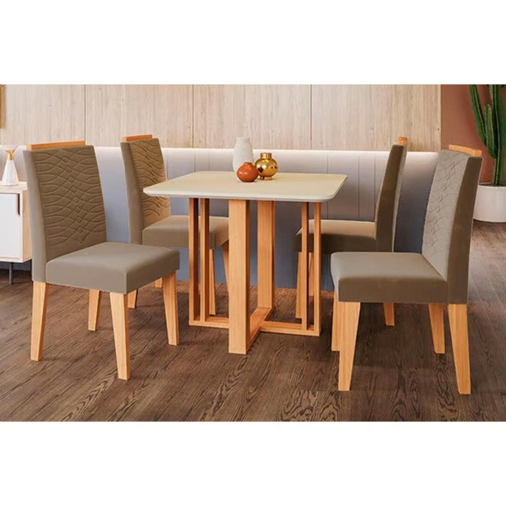 Conjunto: Mesa de Cozinha Flora c/ Tampo Madeirado c/ Vidro 95x95cm e 4 Cadeiras Clarice Nature/Suede Joli Chocolate - Cimol