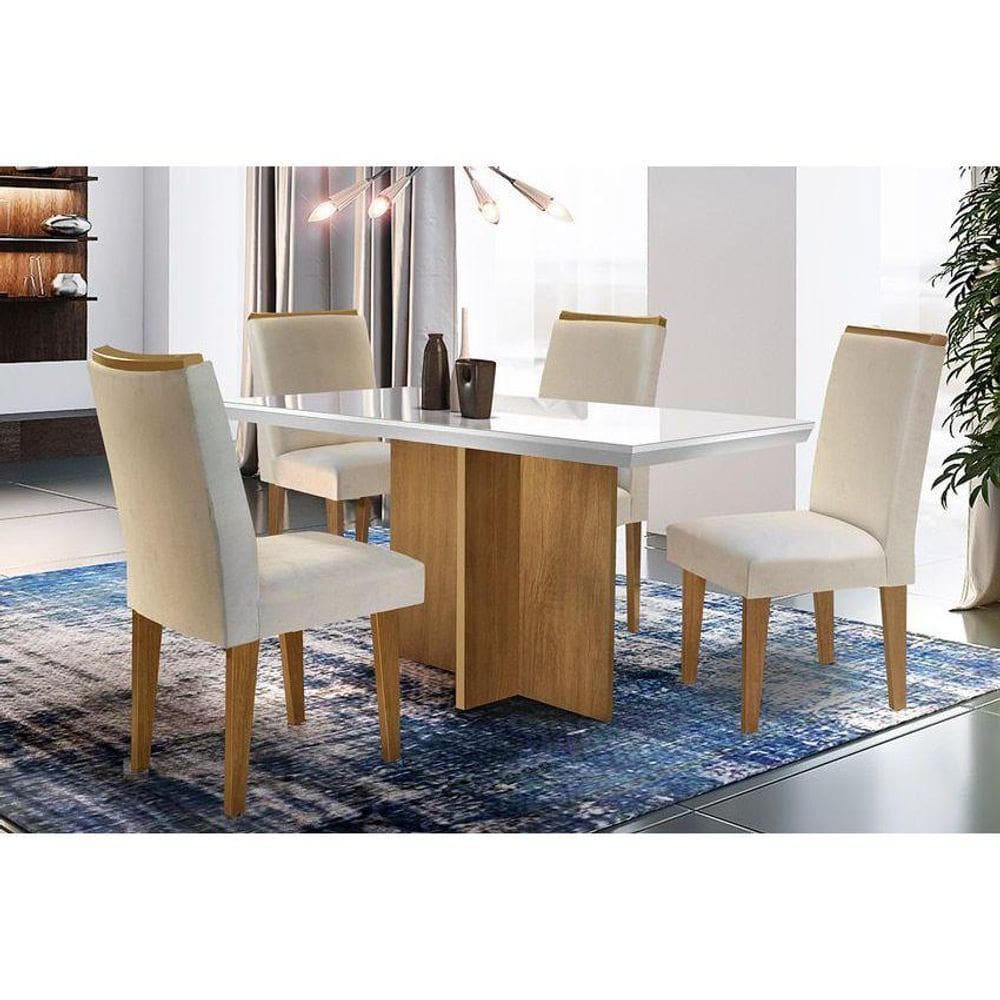 Conjunto: Mesa de Cozinha Berlim Tampo Madeirado c/ Vidro Canto Reto 120x80cm Canto Reto e 4 Cadeiras Lunara Capuccino/Suede Creme - Rufato
