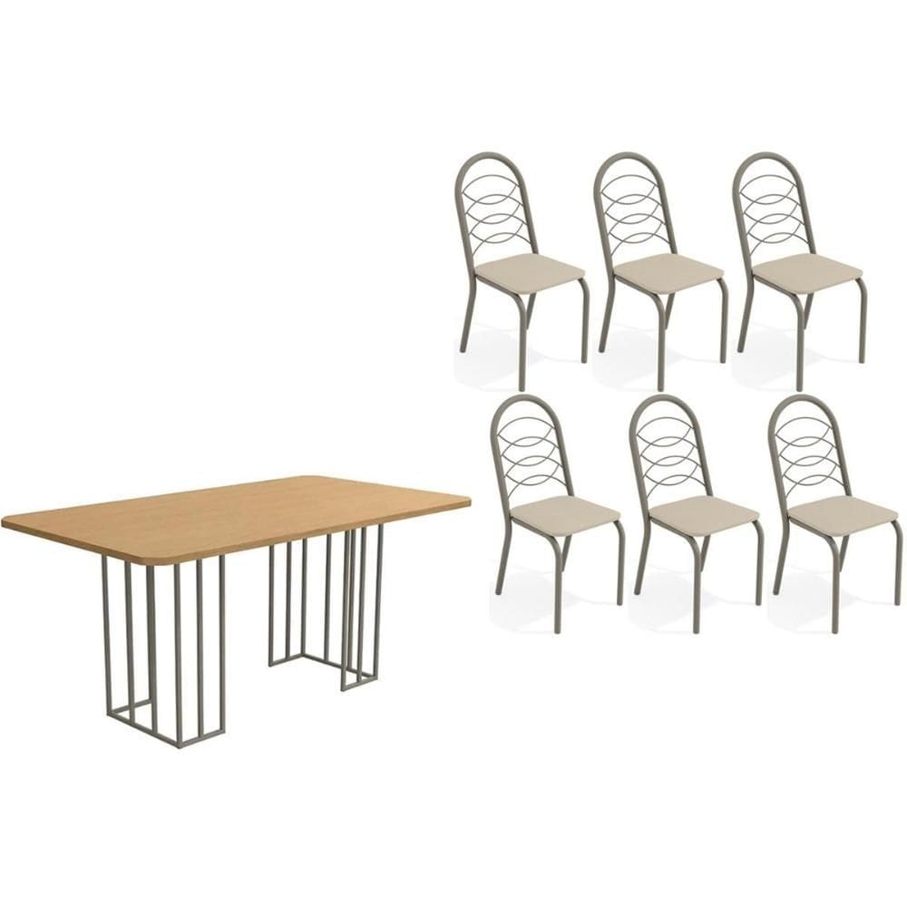 Conjunto: Mesa de Cozinha Duina c/ Tampo de Madeira 160cm e 6 Cadeiras Holanda Niquel/Freijo - Courano Bege - Kappesberg