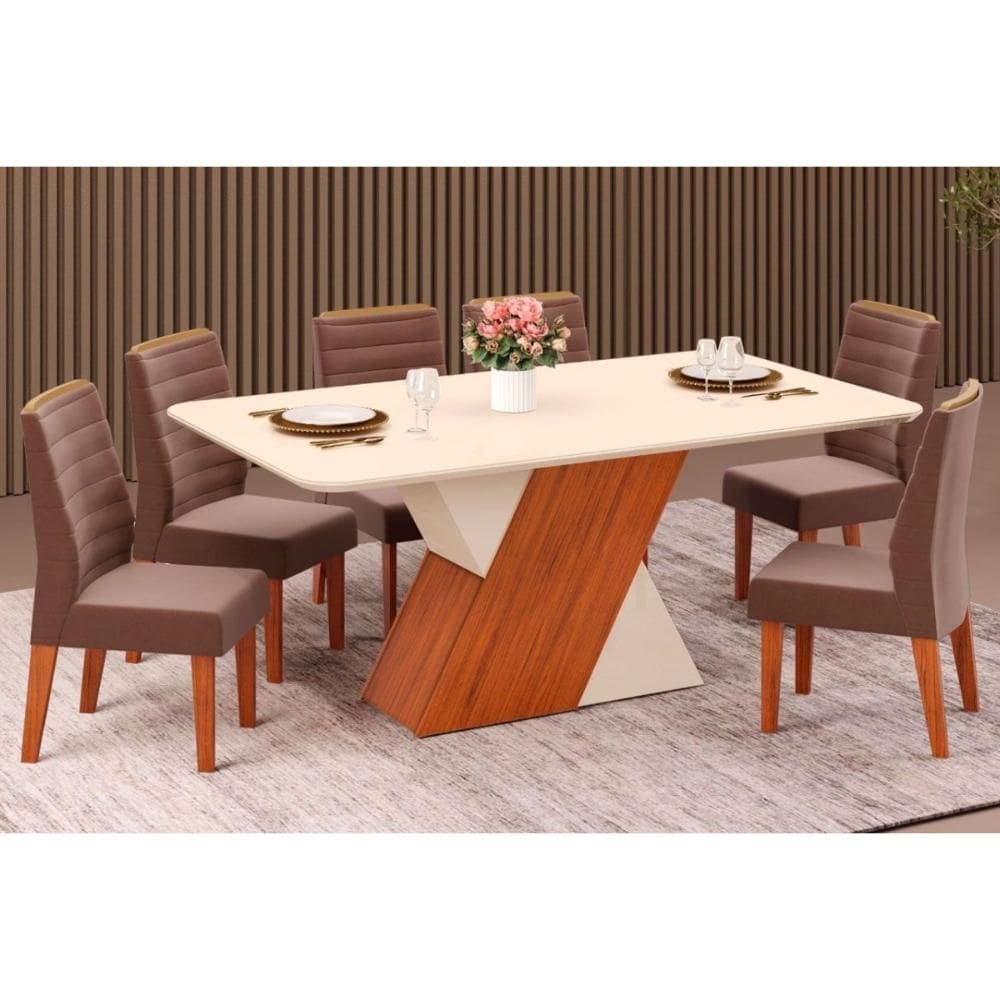 Conjunto: Mesa Sala Jantar Rubi c/ Tampo Madeirado c/ Vidro 170x90cm e 6 Cadeiras Ondina Freijo/Off White/Off White - Suede Moca - DJ Móveis