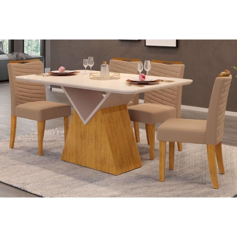 Conjunto: Mesa Sala Jantar Argo Tampo Madeirado c/ Vidro Curvo 136x90cm e 4 Cadeiras Julia Cedro/Off White - Suede Kraft - DJ Móveis
